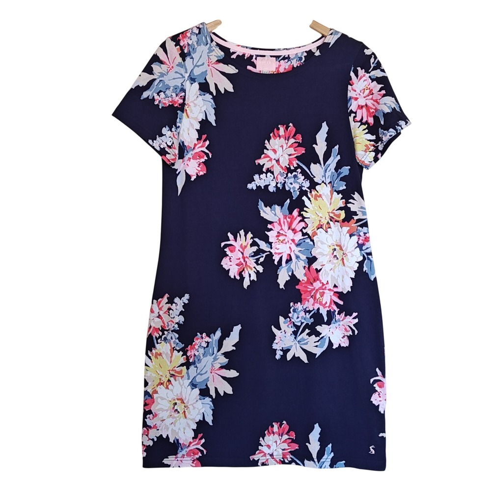 Joules Riviera Print Dress Women 10 Navy Blue Floral Cotton Jersey Short Sleeve